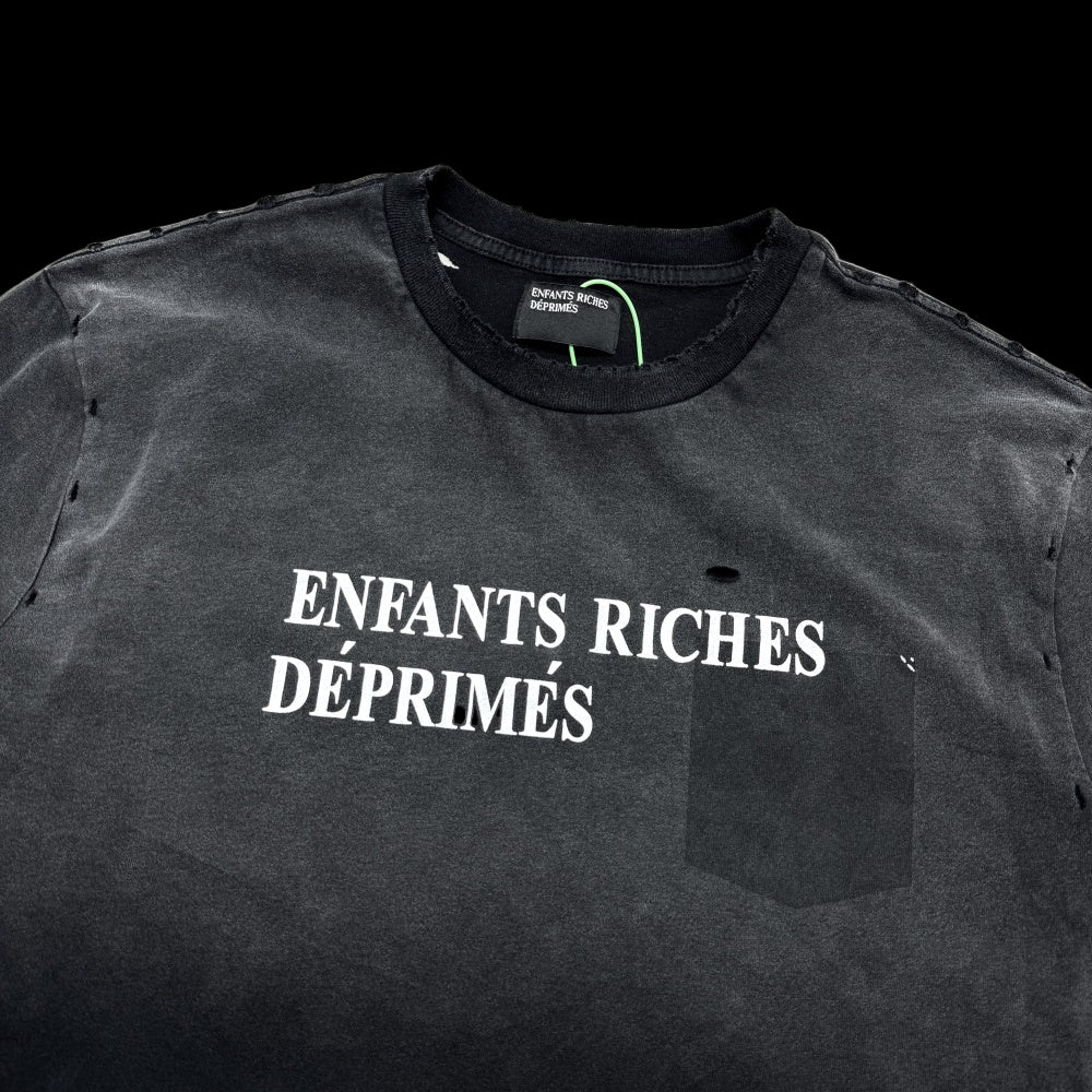 Black cotton t-shirt with vintage-wash logo and ribbed crewneck, featuring short sleeves.