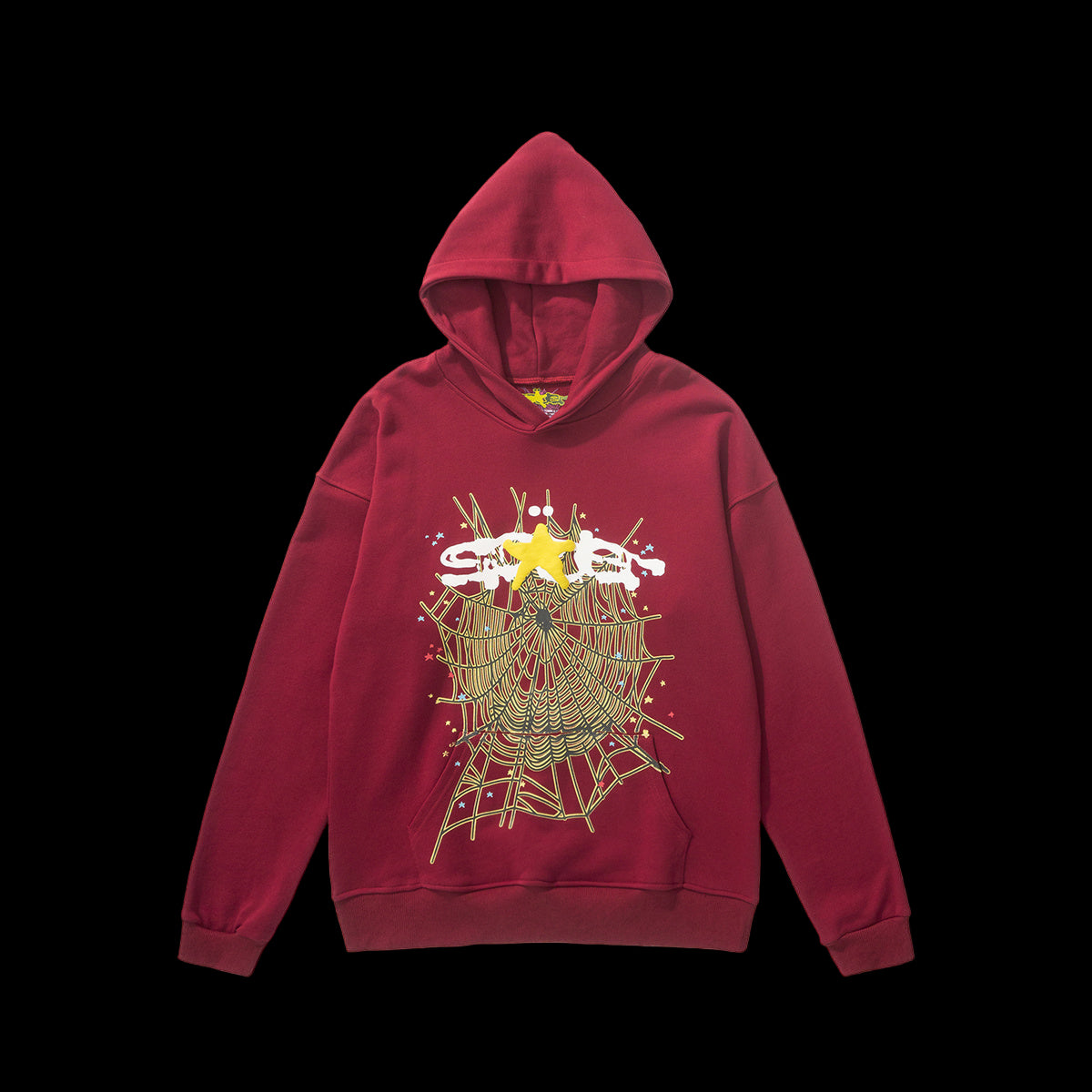 A cozy Sp5der hoodie featuring a ribbed crewneck and short sleeves, available in 26 colors.