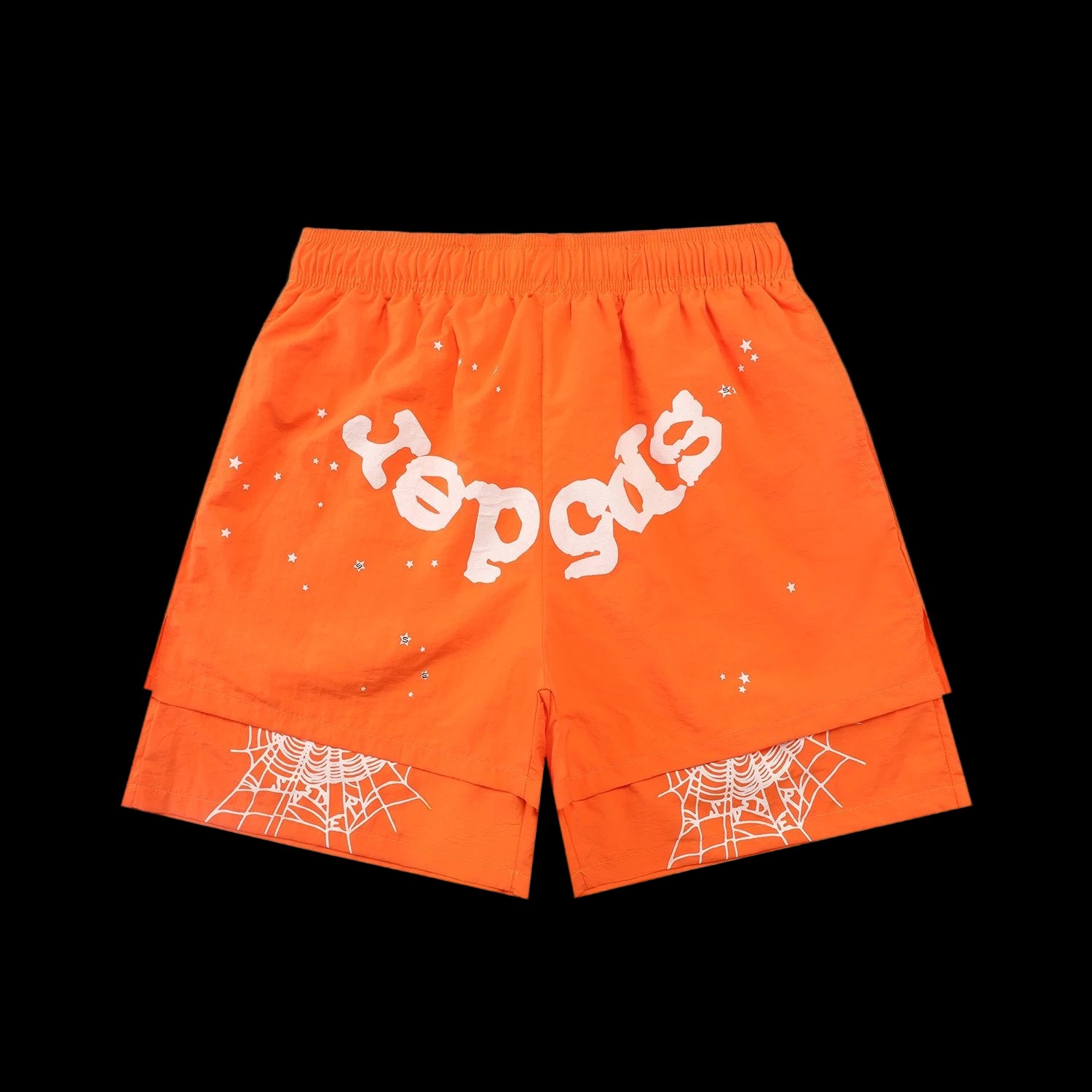 Gray sweat shorts featuring the Sp5der OG web logo and a vintage faded wash.