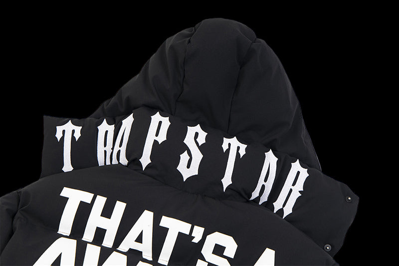 Black puffer jacket with unique Cough Syrup design and unisex fit for comfort and style.