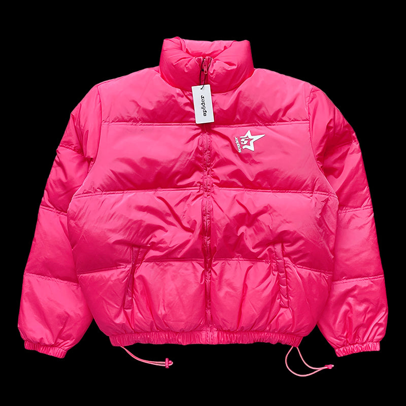 Pink Sp5der 5Star puffer jacket with quilted design and high collar for warmth and style