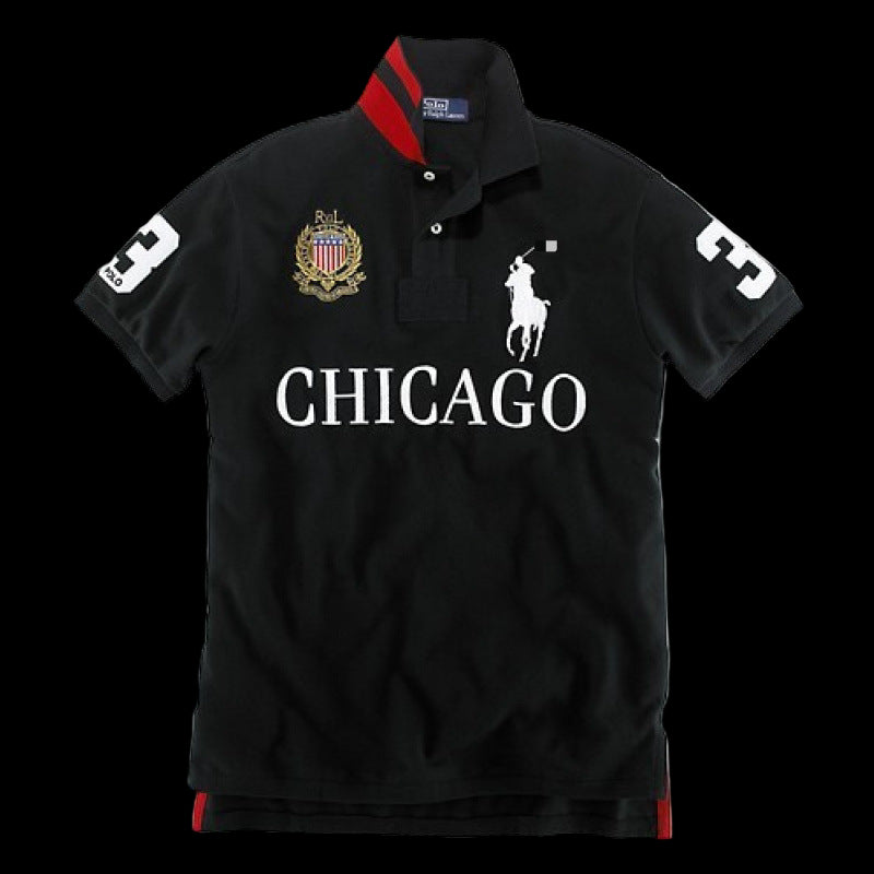 Black Ralph Lauren polo shirt with "CHICAGO" text and polo player logo.