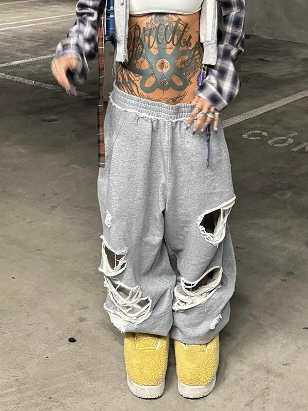 JADED LONDON DISTRESSED WIDE LEG GREY SWEATPANTS - PASTFRWRD
