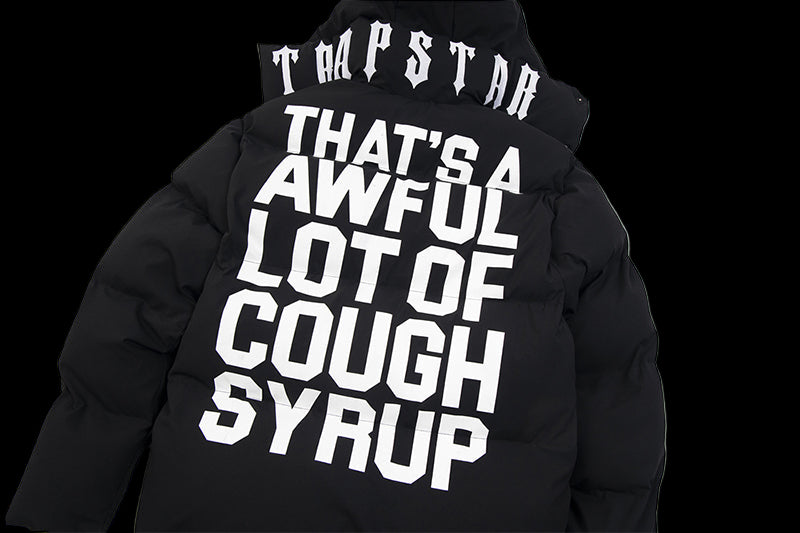 Black puffer jacket with unique Cough Syrup design and unisex fit for streetwear style.