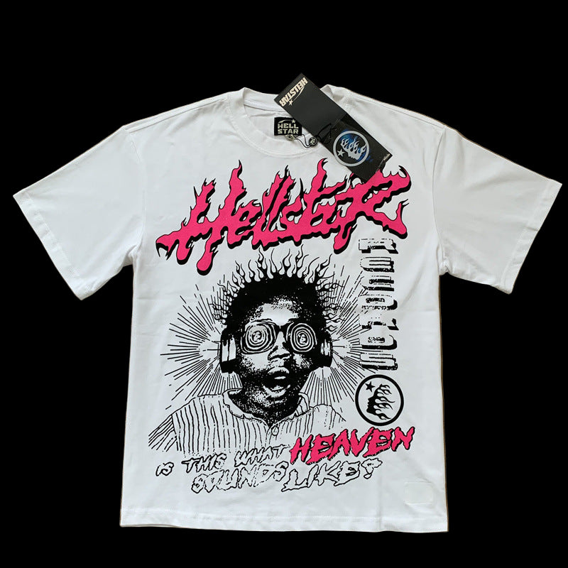 A collection of Hellstar T-shirts in various colors with a ribbed crewneck and short sleeves.