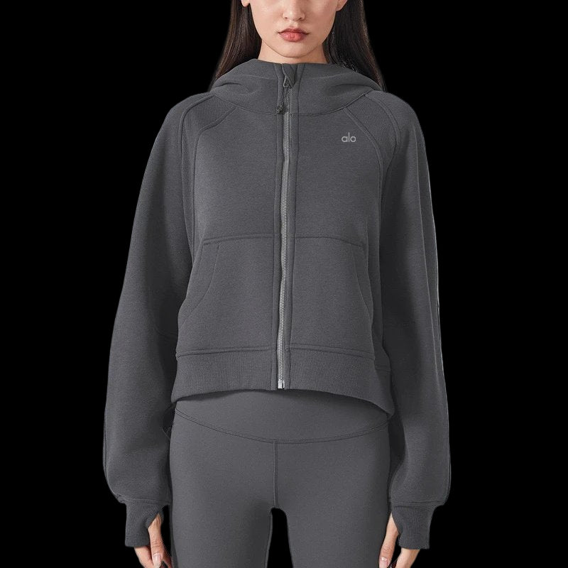 Alo Hoodie Zip-Up in heavyweight cotton with a vintage wash, ribbed crewneck, and short sleeves.