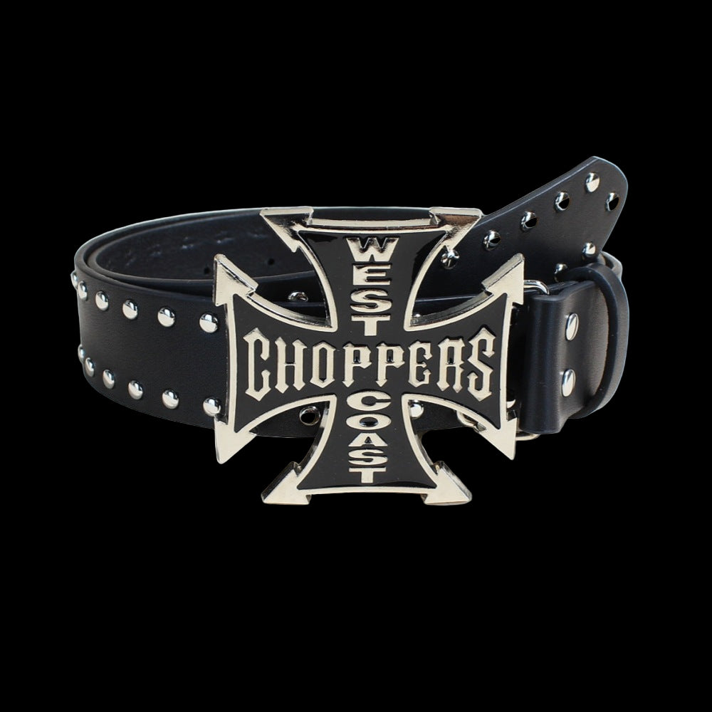 Black leather belt with a silver West Coast Choppers cross buckle.