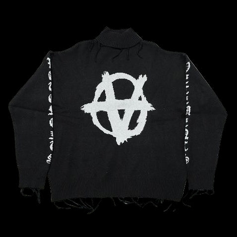 Black Vetements turtleneck sweater with anarchy symbol and distressed details.
