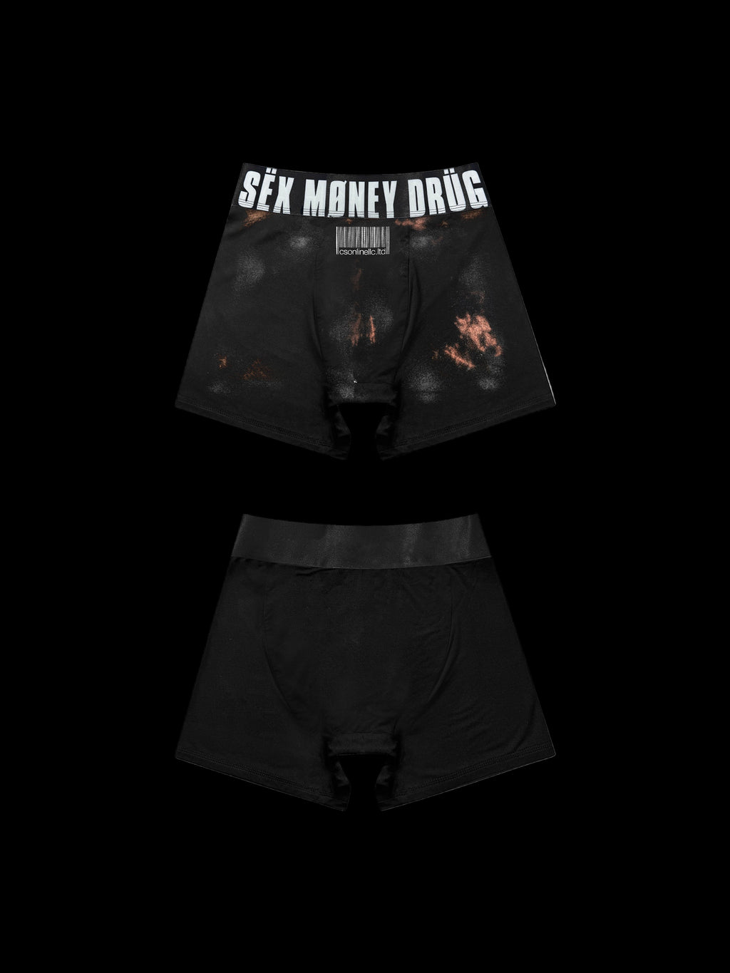 CSonline battle damaged black boxer briefs with white text on the waistband.