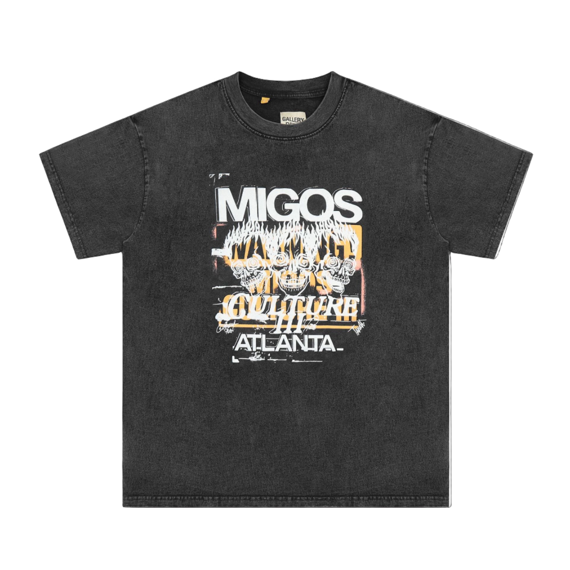 Black t-shirt featuring Migos X Gallery Dept logo with a vintage faded wash.
