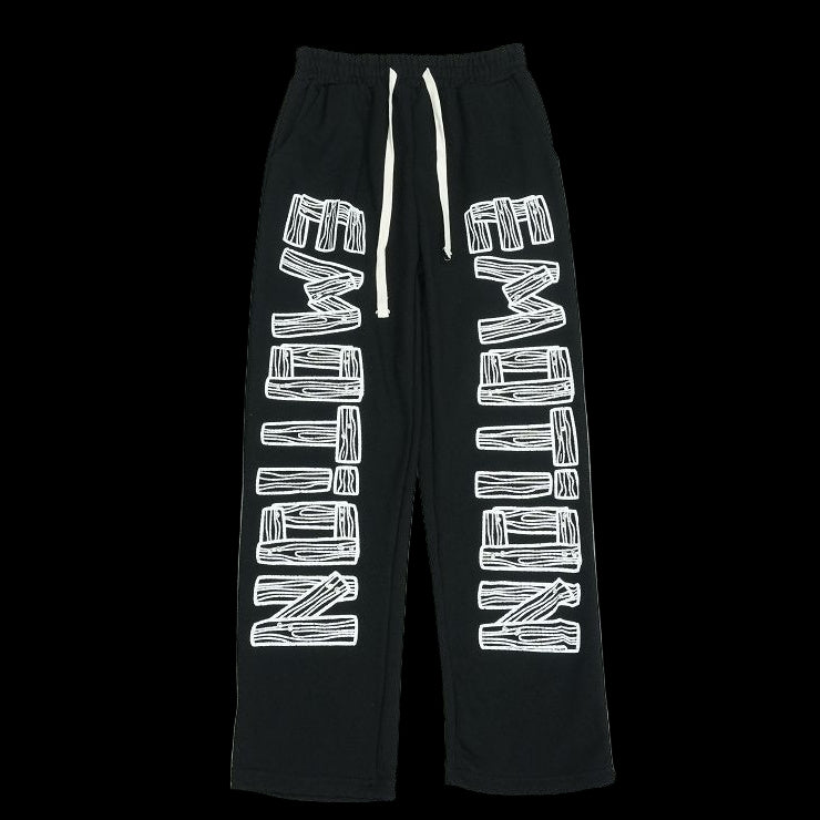 Black sweatpants with "Mixed Emotions" text in white on each leg.