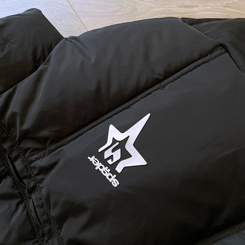 Black Sp5der 5Star puffer jacket with quilted design and fitted silhouette for men