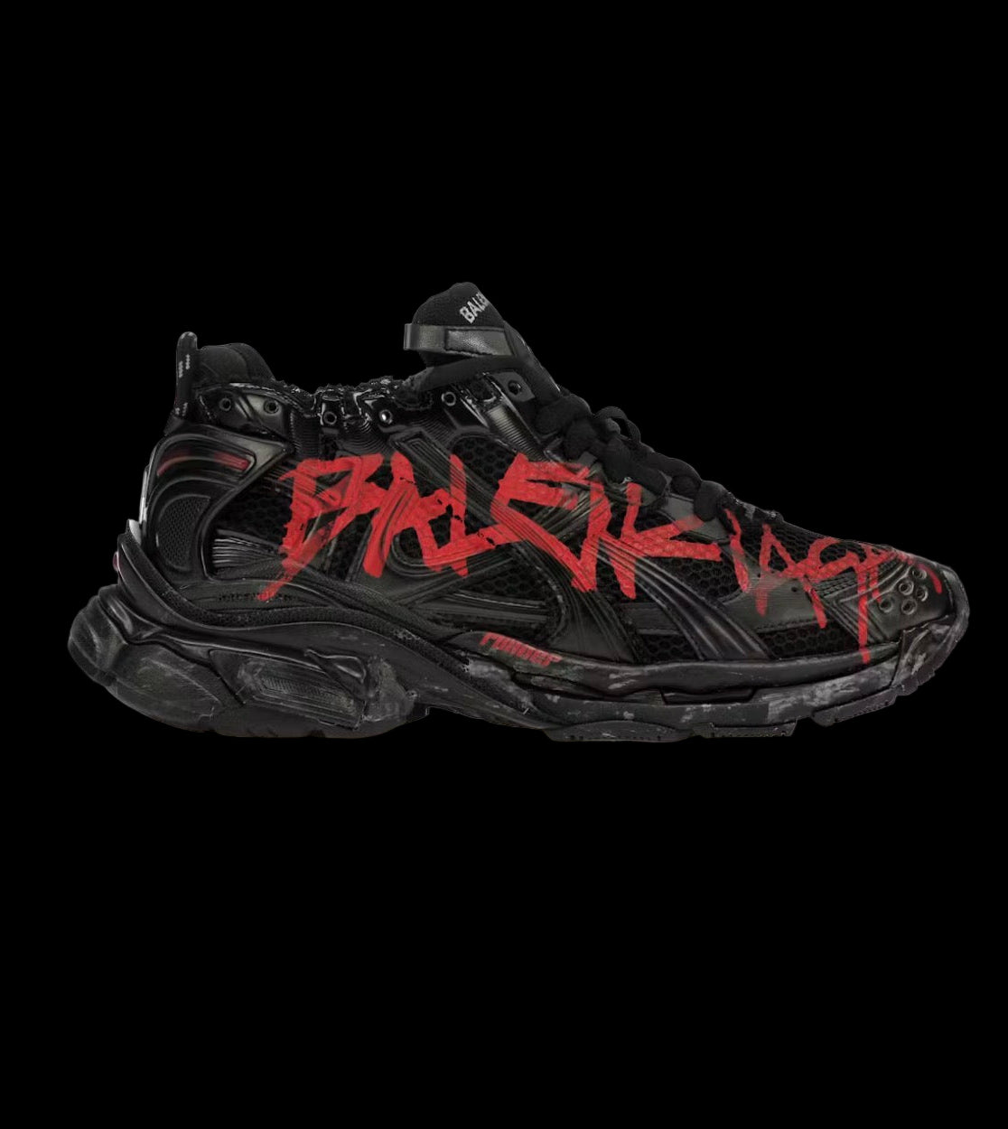 Balenciaga Runner Graffiti shirt with vintage faded wash and Rhude Roadway Racing graphics