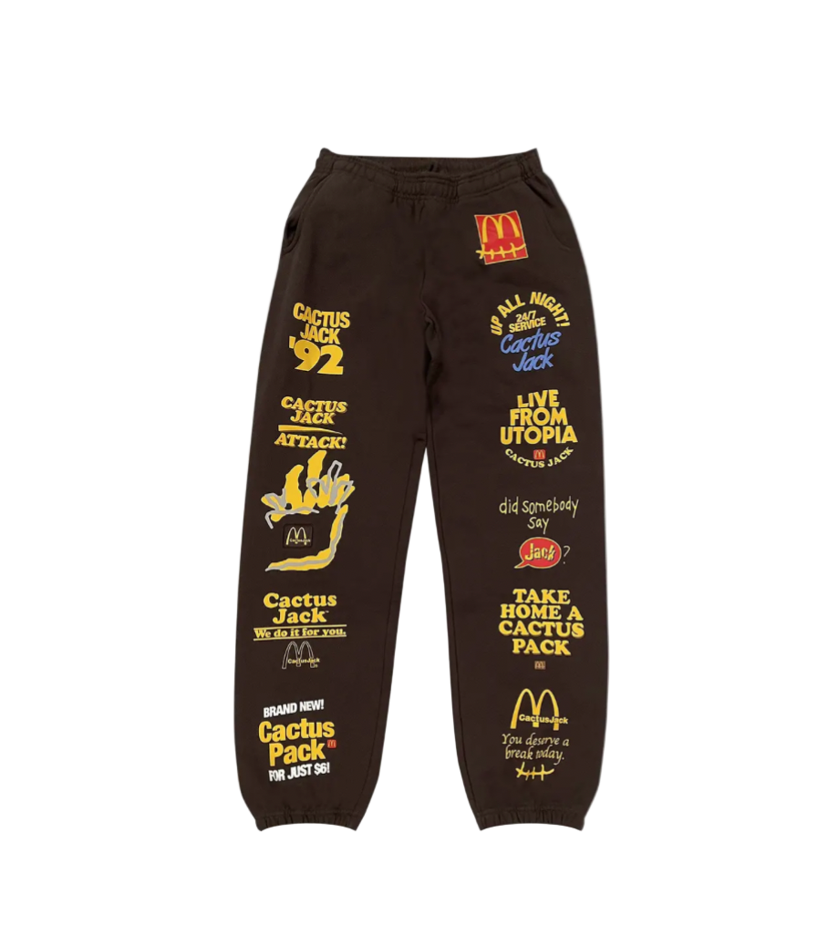 Brown sweatpants featuring a bold graphic and a vintage-inspired faded wash.