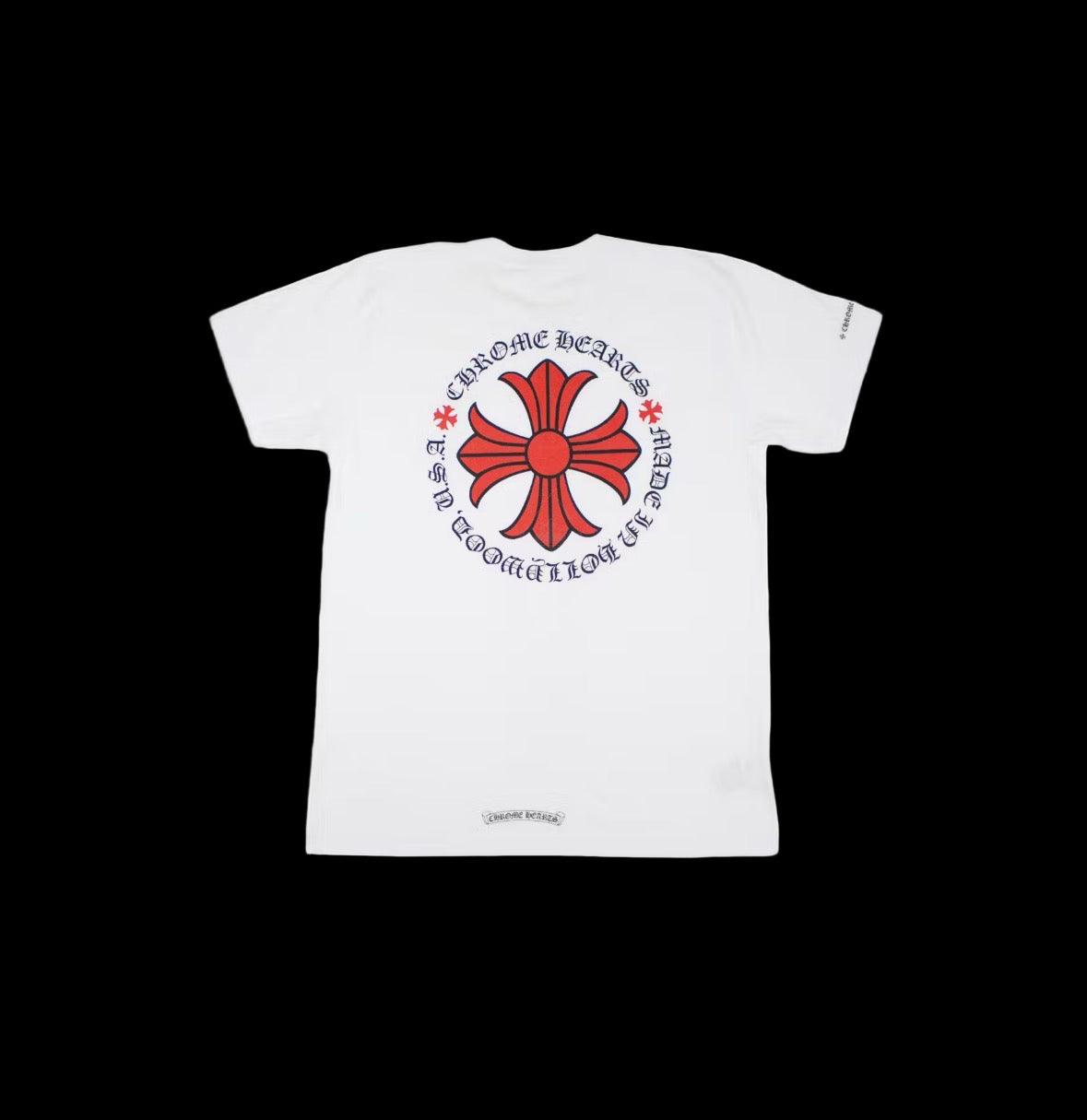 Black t-shirt with ribbed crewneck and faded wash featuring a cross graphic on front and back.