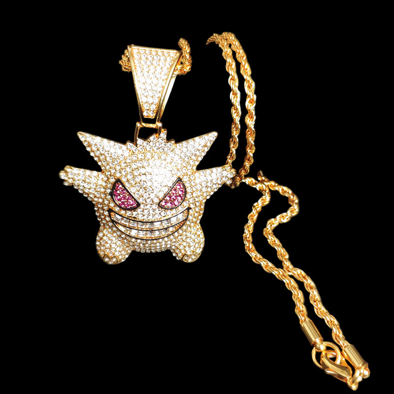 Silver-tone necklace featuring a detailed Gengar pendant with purple and black accents