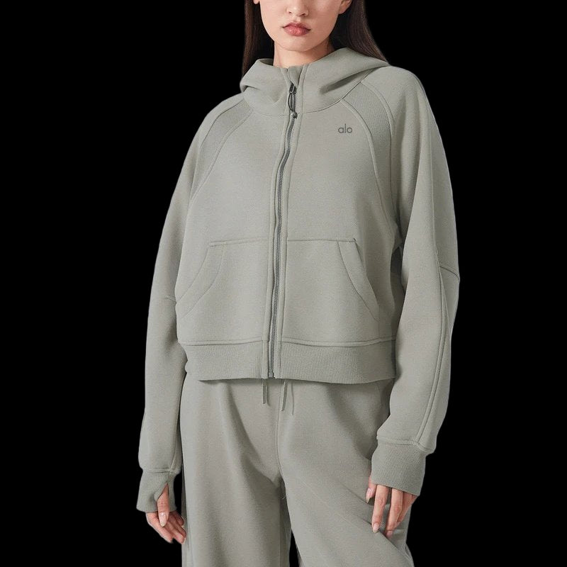 Alo Hoodie Zip-Up in heavyweight cotton with ribbed crewneck and short sleeves, vintage wash.