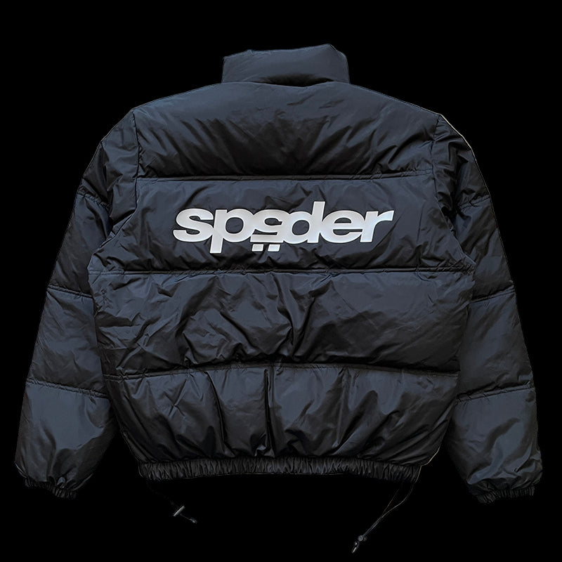 Black Sp5der 5Star puffer jacket with quilted design and high collar for men
