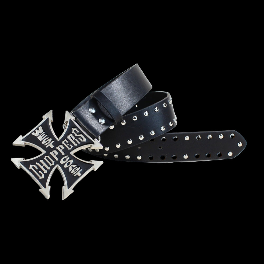 Black leather belt with a silver cross-shaped buckle that says "West Coast Choppers".