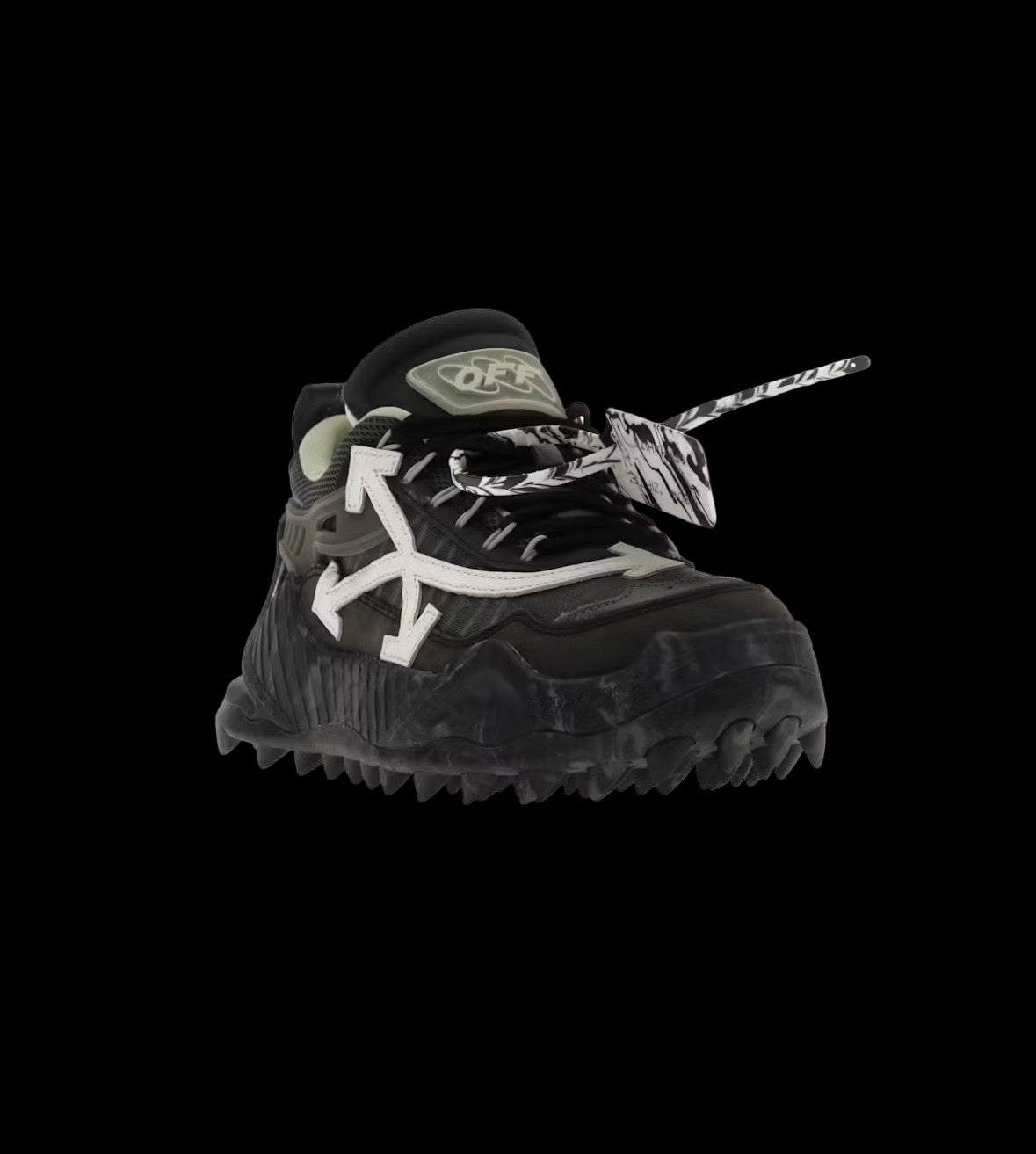 Black and white OFF-WHITE Odsy-1000 sneakers with a vintage faded wash and chunky sole.