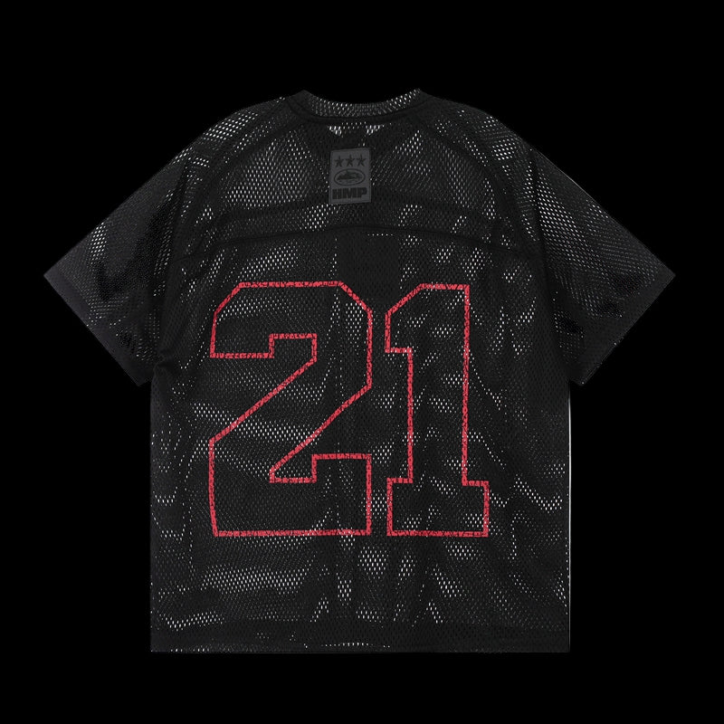 Black mesh jersey featuring 21 Savage branding and a relaxed fit for casual wear.