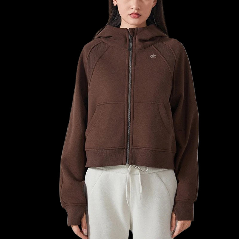 Alo Hoodie Zip-Up in heavyweight cotton with a vintage wash, ribbed crewneck, and short sleeves.