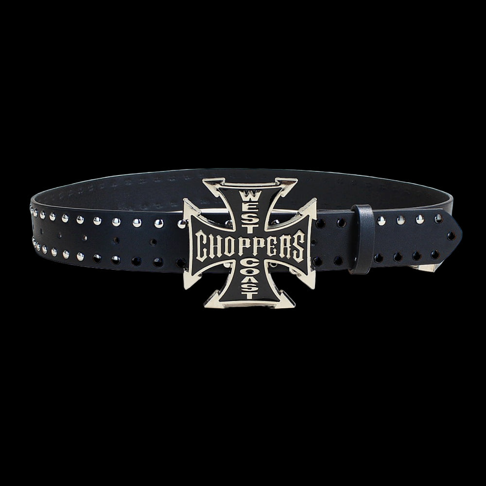 Black leather belt with a silver West Coast Choppers cross buckle.