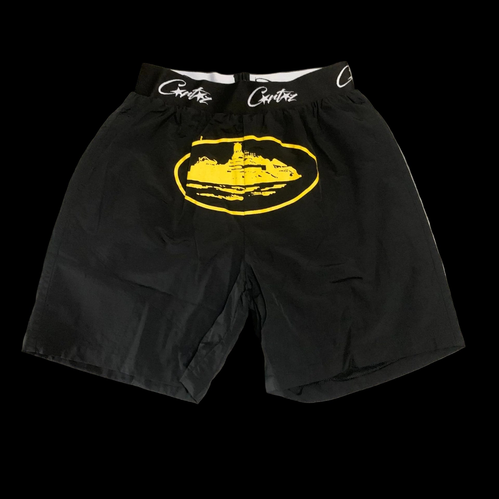 Black Corteiz cycling shorts with faded wash and ribbed waistband for comfort and durability