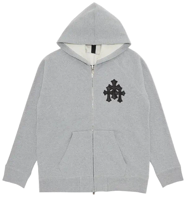 Grey heather hoodie with ribbed crewneck, short sleeves, and bold graphic design.