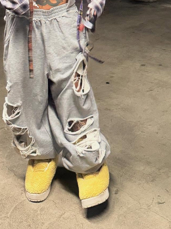 JADED LONDON DISTRESSED WIDE LEG GREY SWEATPANTS - PASTFRWRD