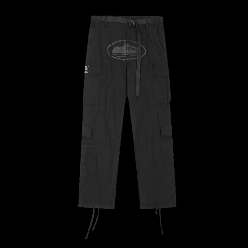 Black Corteiz 4starz Alcatraz cargo pants with relaxed fit and multiple pockets.
