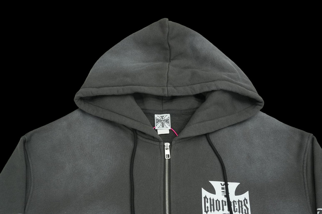 West Coast Choppers washed grey zip-up hoodie with logo.