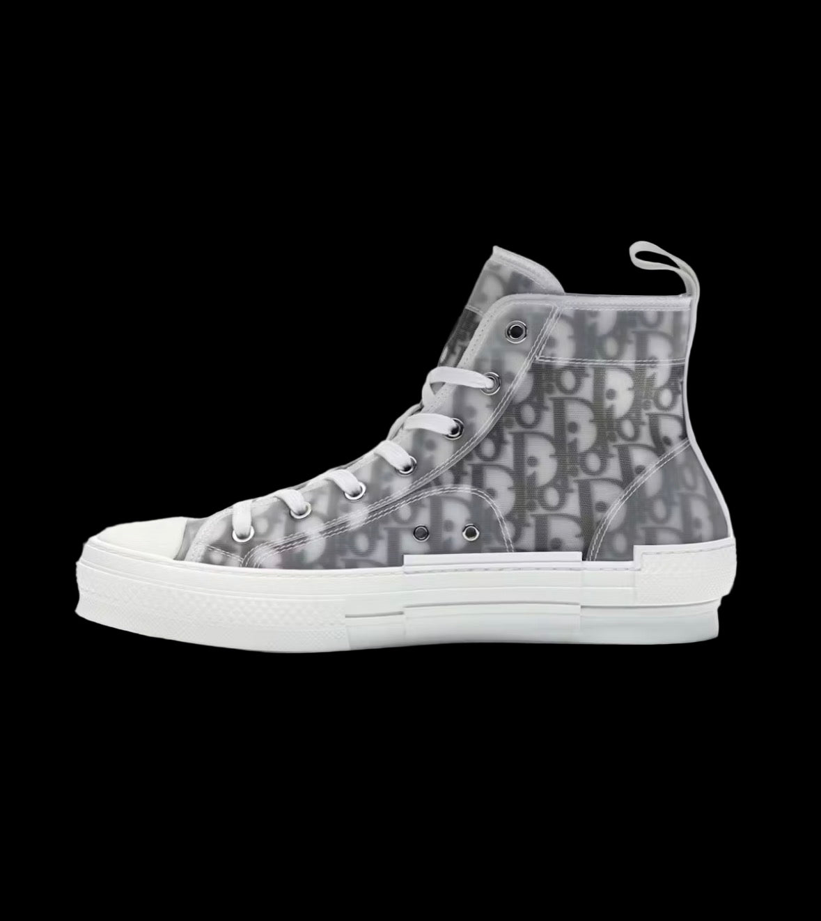 White and gray Dior B23 high-top sneakers with translucent panels and logo details