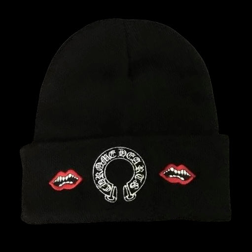 A soft knit beanie in chrome color with a stylish logo emblem on the front.
