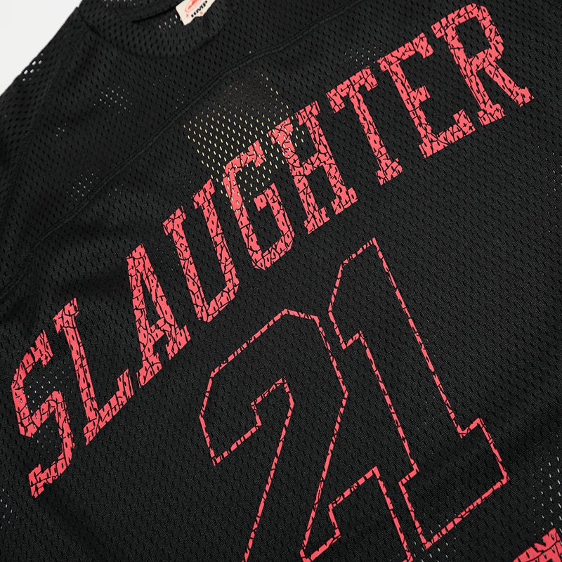 Black and white Corteiz X 21 Savage mesh jersey with breathable fabric and logo details