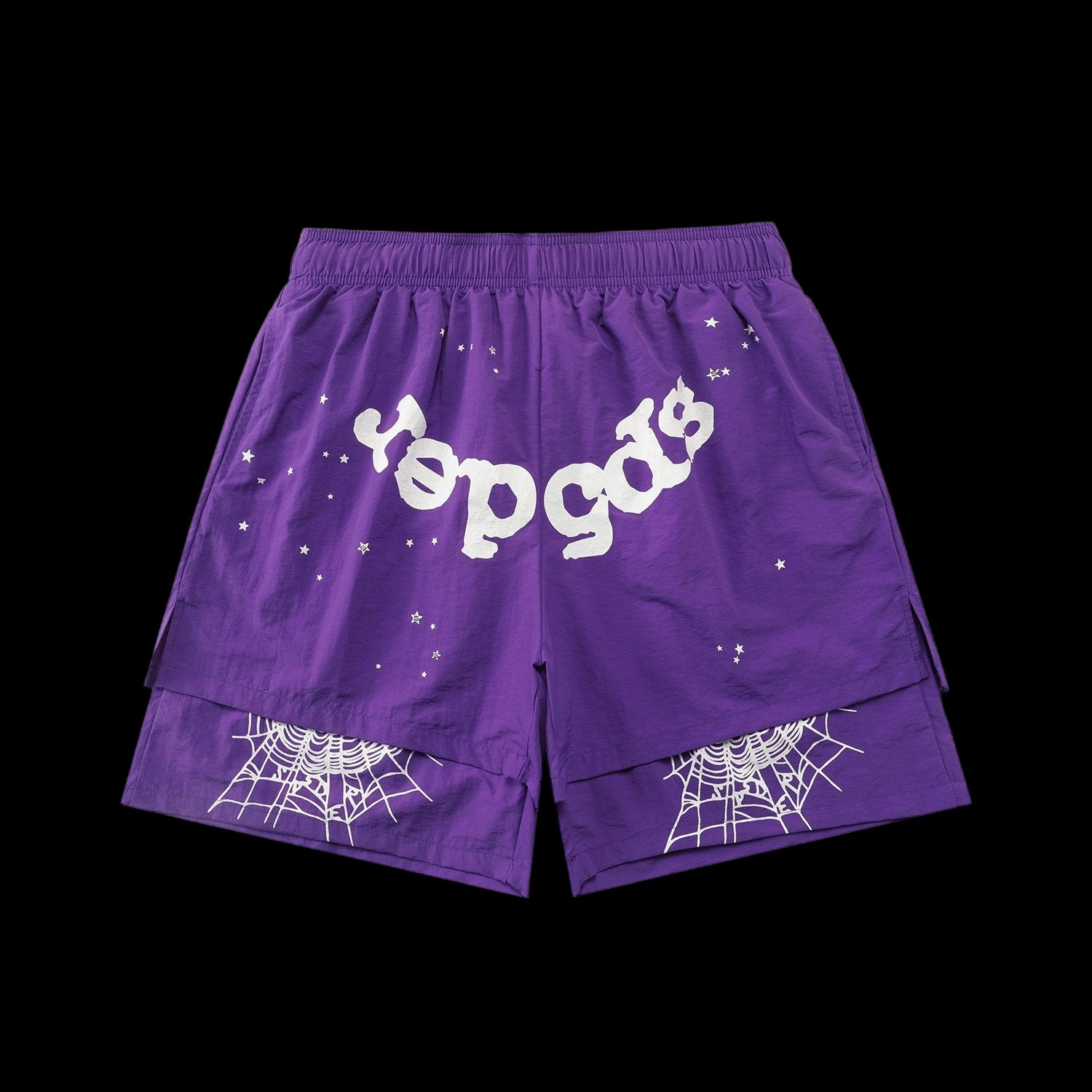 Gray sweat shorts with a faded wash and Sp5der web logo on the left leg.