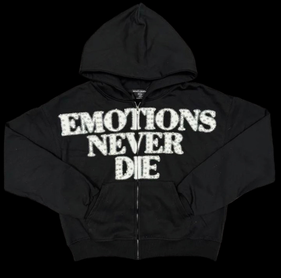 Black hoodie with rhinestone detailing, ribbed crewneck, and short sleeves.