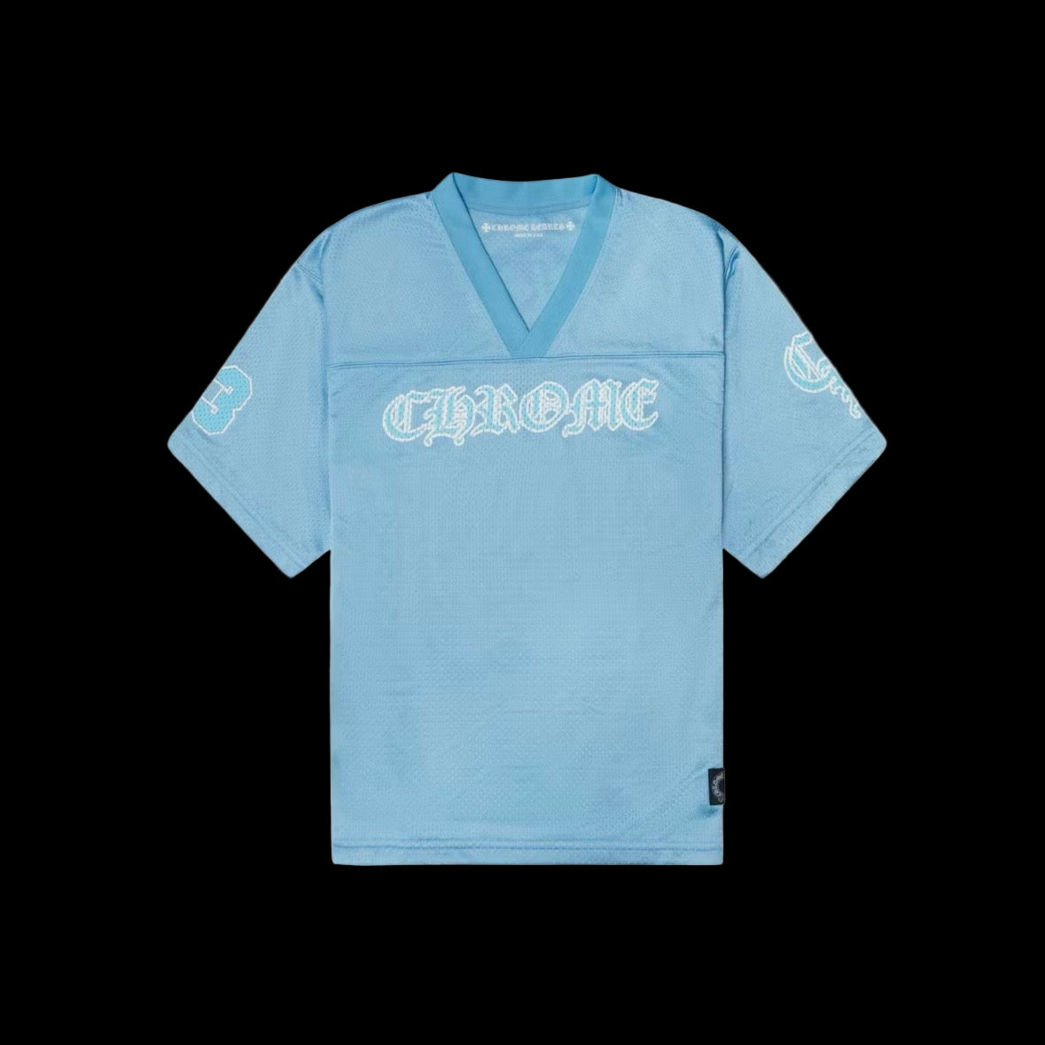 Chrome mesh t-shirt with vintage faded wash, ribbed crewneck, and short sleeves.