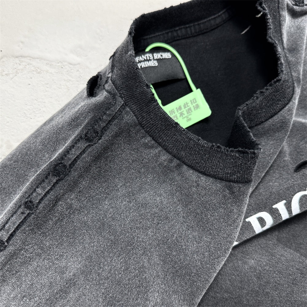 Black cotton vintage-wash T-shirt with ENFANTS RICHES DÉPRIMÉS logo and ribbed crewneck