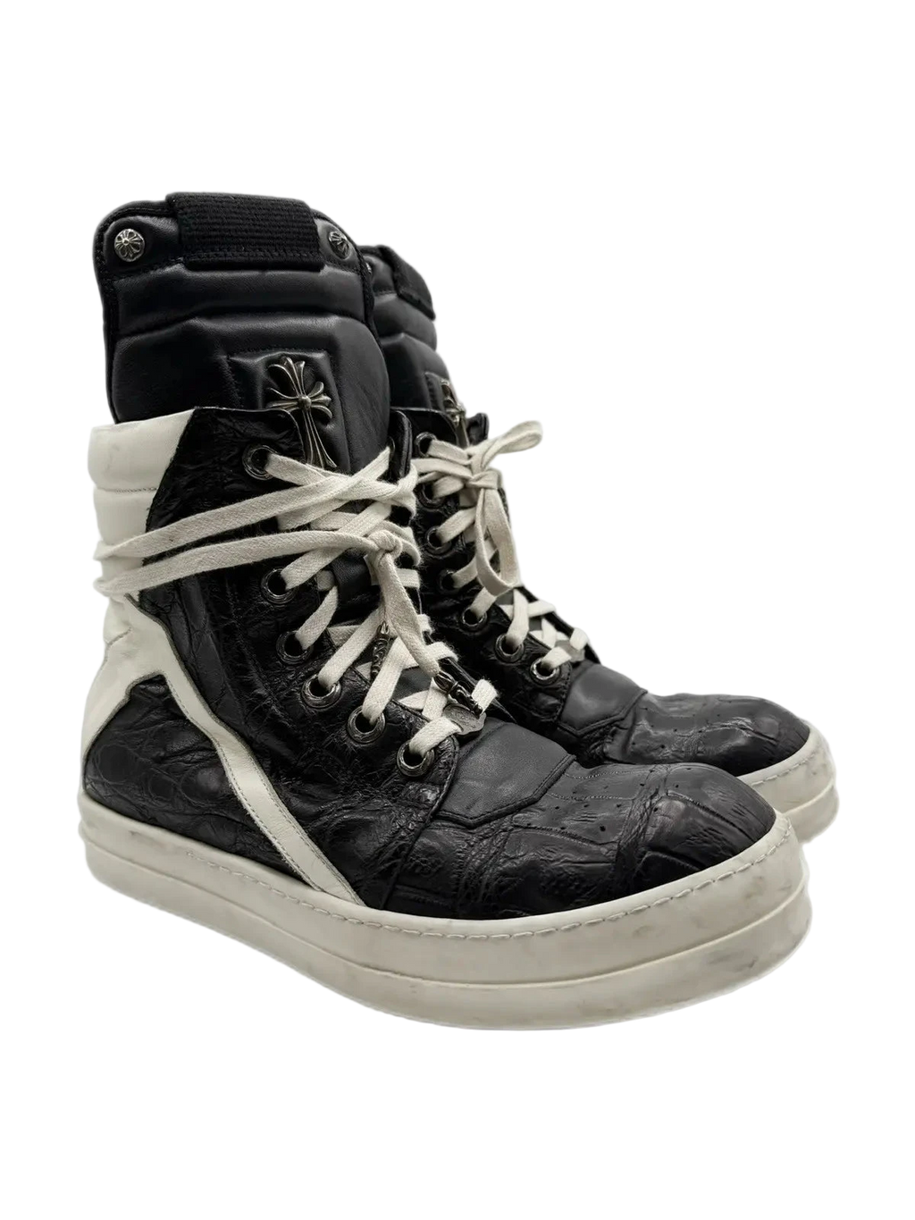Black high-top sneakers with a unique design and ribbed detailing by Chrome Hearts and Rick Owens.