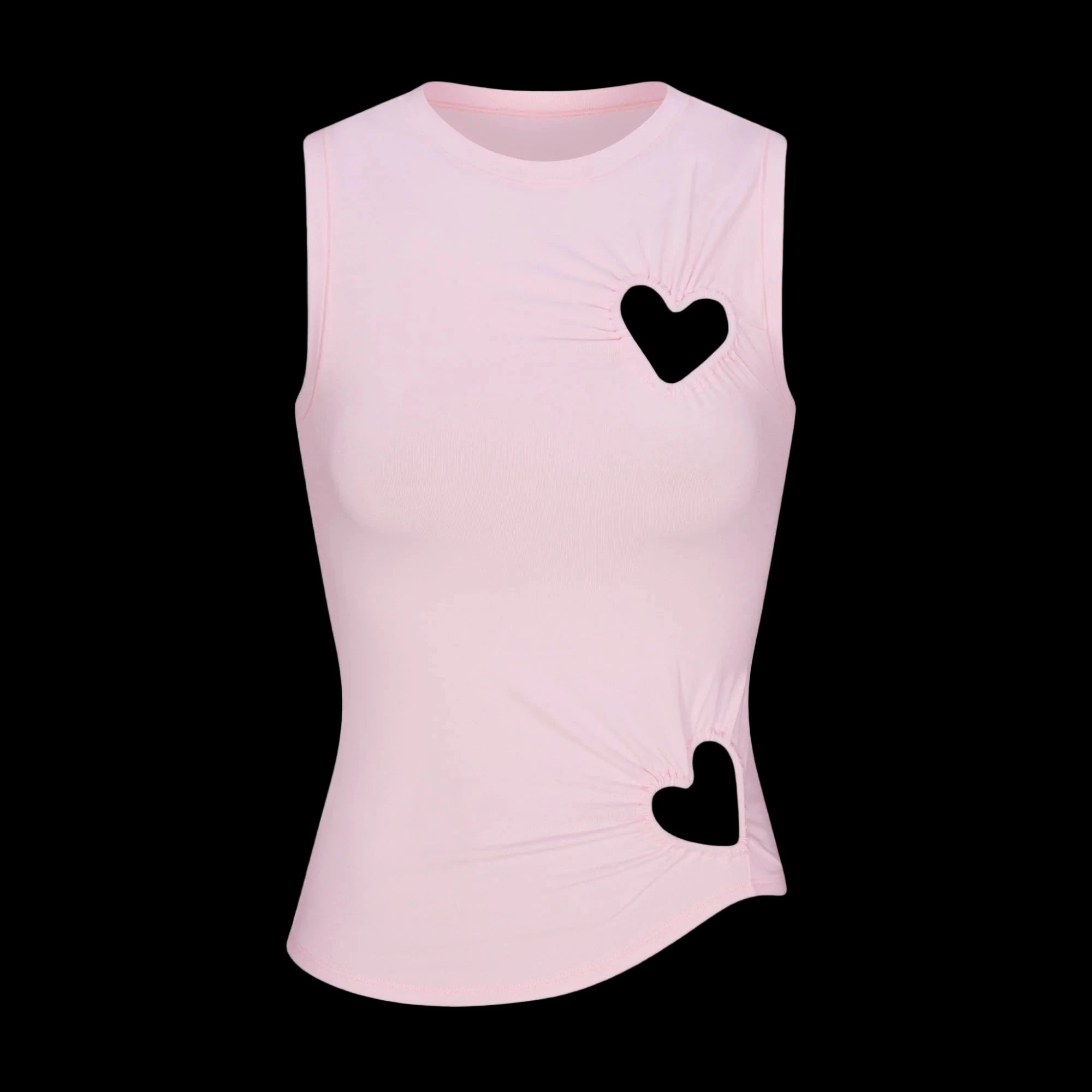 White tank top with a heart-shaped cut-out at the chest and a fitted silhouette