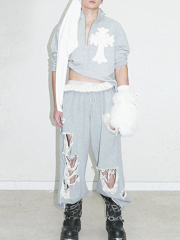 JADED LONDON DISTRESSED WIDE LEG GREY SWEATPANTS - PASTFRWRD