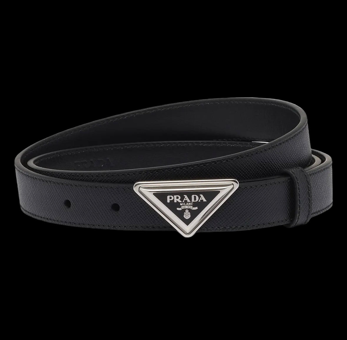 Black Prada Saffiano belt with a textured finish and silver-tone buckle.