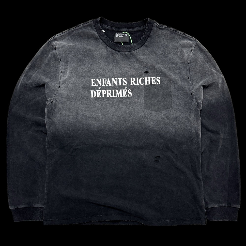 Black cotton t-shirt with vintage wash and logo, featuring a ribbed crewneck and short sleeves.
