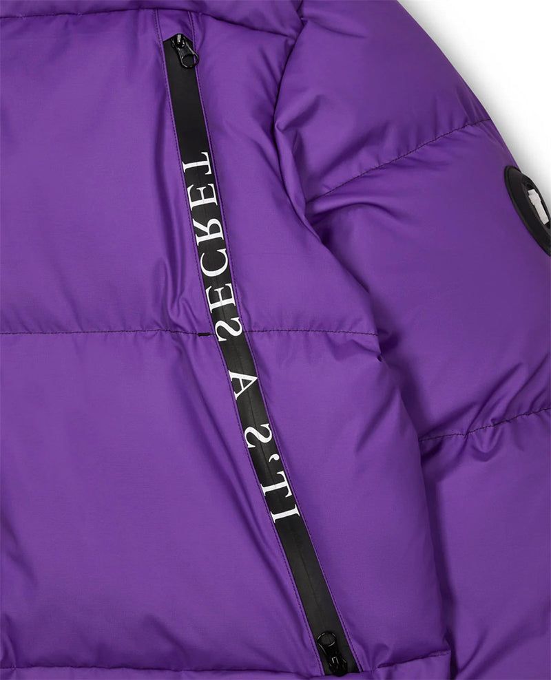Purple puffer jacket with a trendy design and cozy fit for fall weather.