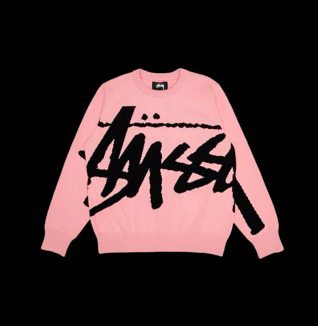 Stussy Stock Sweater with vintage faded wash, ribbed crewneck, and short sleeves in neutral color