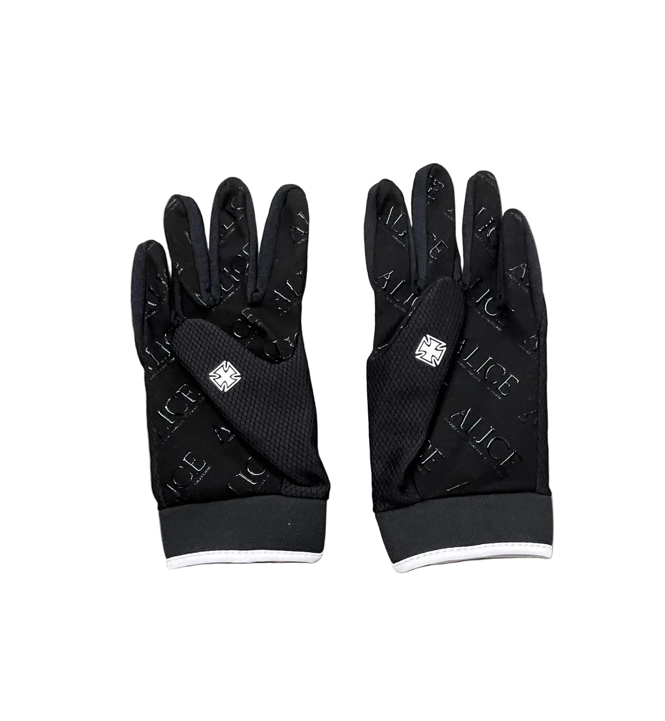 Black Alice Hollywood gloves with repeating logo pattern and white trim.