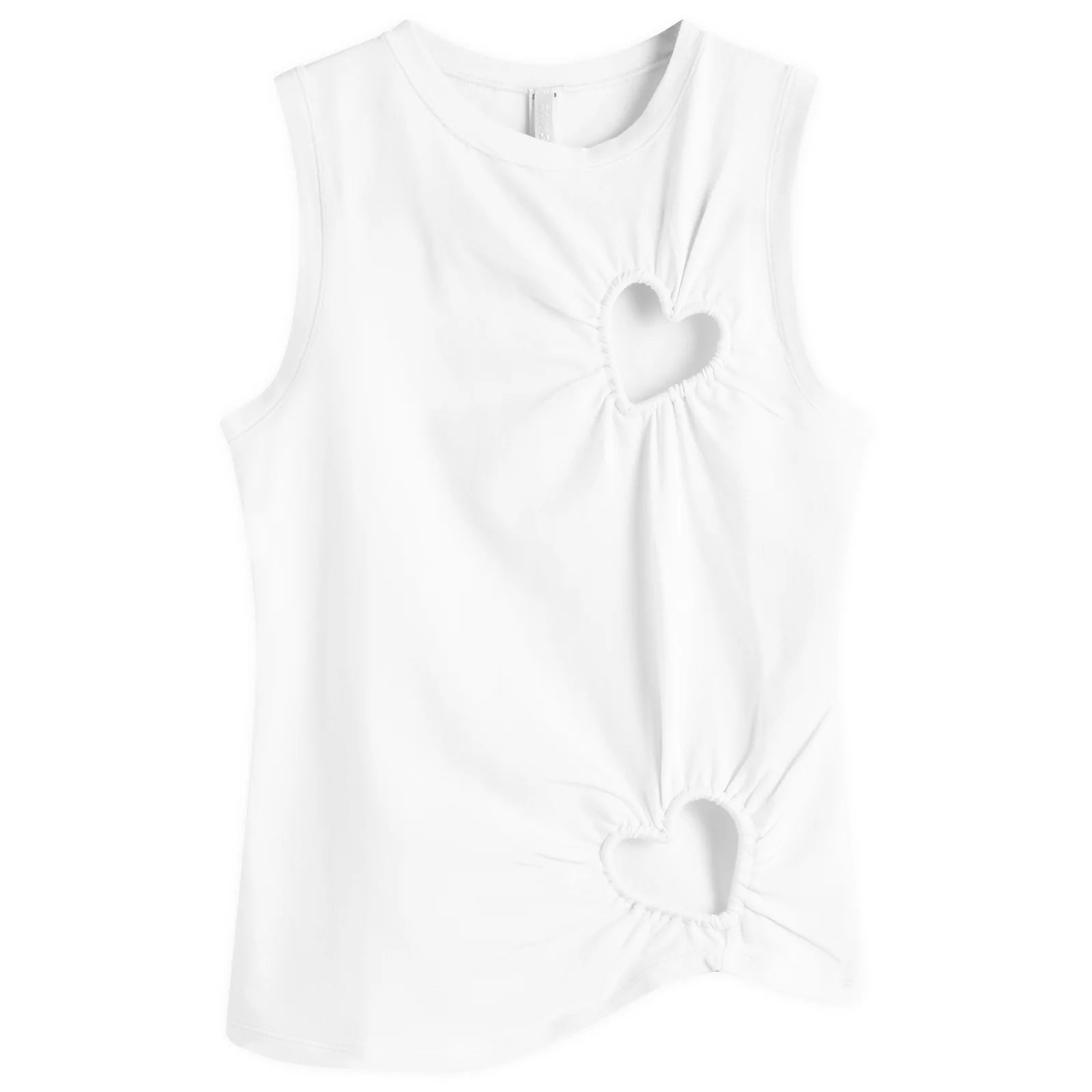 A fitted tank top featuring a heart cut-out design in soft fabric.