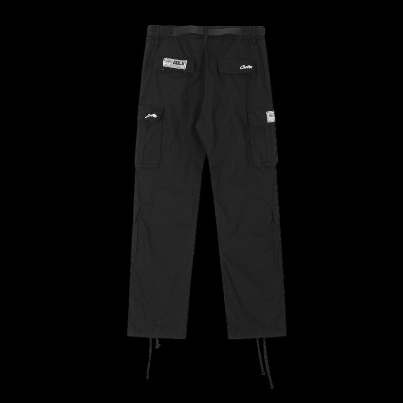 Black Corteiz 4starz Alcatraz cargo pants with relaxed fit and multiple pockets.