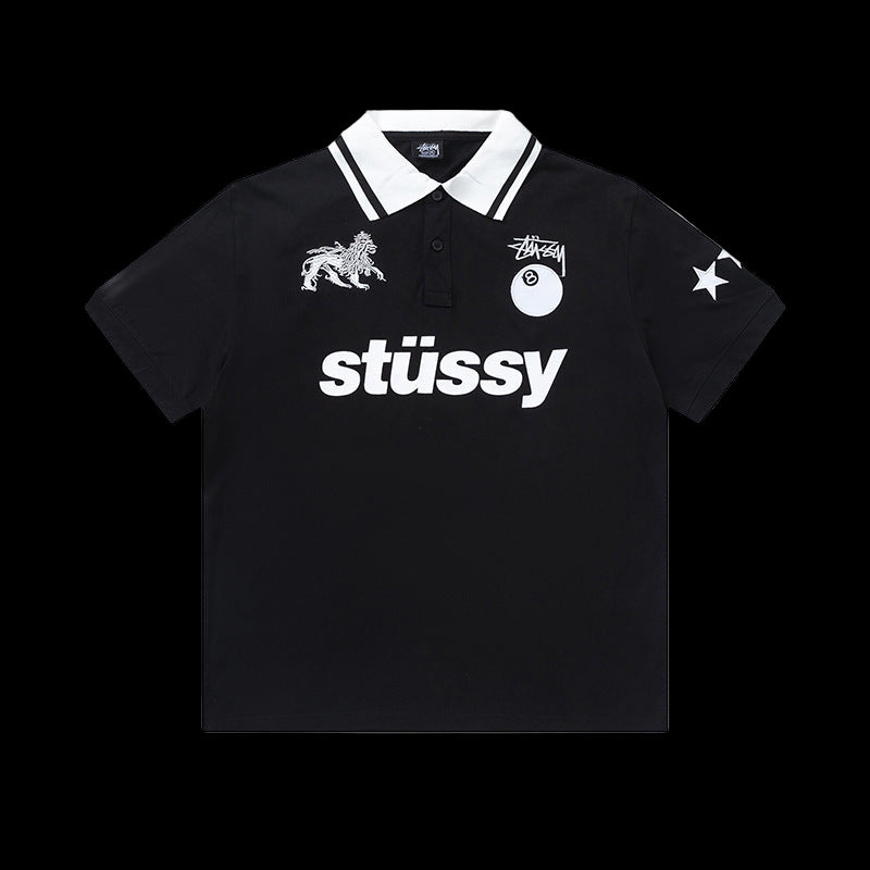 Stussy Polo T-Shirt with short sleeves and a graphic design on the chest in autumn colors